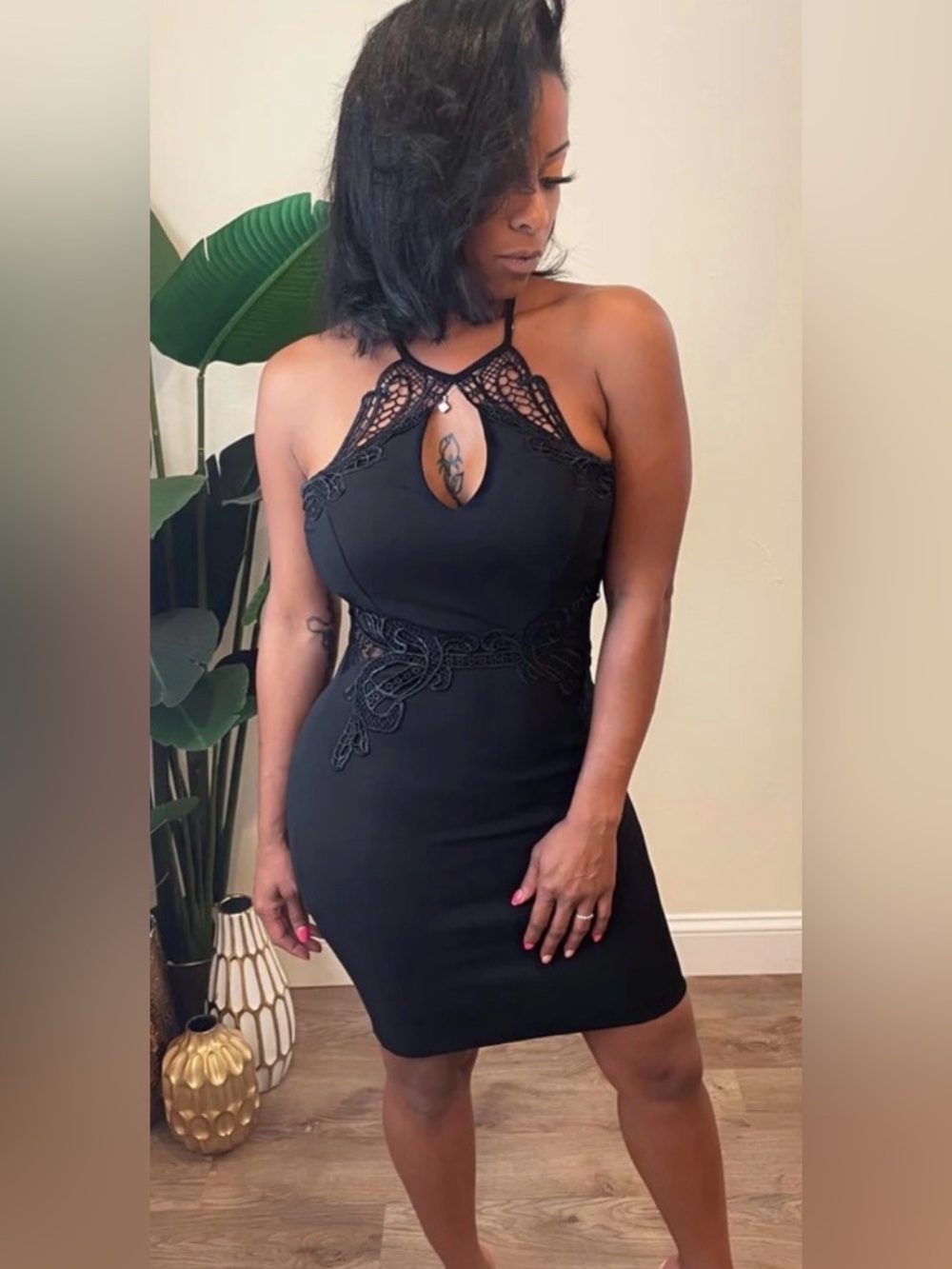 NWT Haute Monde Black Halter Lace Cutout Bodycon Dress